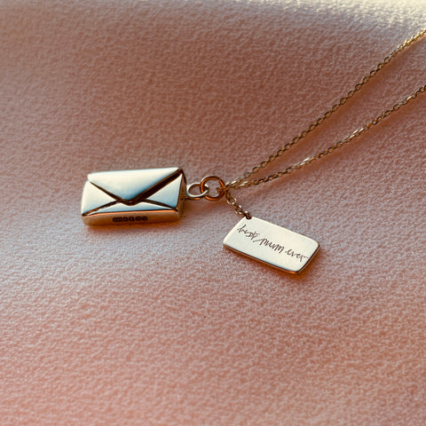 By Leahy, Fine Jewellery Bespoke Signature Envelope Necklace 9ct Gold Best Mum Ever with Slip Attached