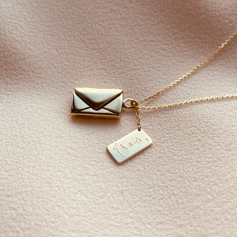 By Leahy, Fine Jewellery Bespoke Signature Envelope Necklace 9ct Gold Theo Childs Name and Slip attached