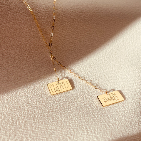 By Leahy, Fine Jewellery Bespoke Slip Duo Necklace 9ct Gold Mammy and Daddy