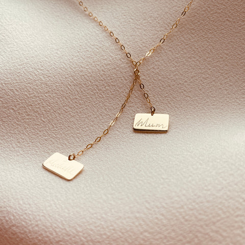 By Leahy, Fine Jewellery Bespoke Slip Duo Necklace 9ct Gold Mum and Children's Names