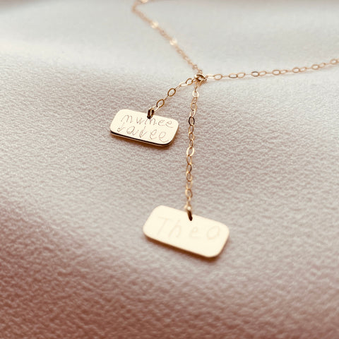 By Leahy, Fine Jewellery Bespoke Slip Duo Necklace 9ct Gold Mumee and Dadee Children's Signatures