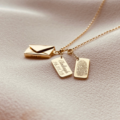 By Leahy Fine Jewellery Childs Fingerprint Engraving Name and Date of Birth Designed and Handmade in Ireland 18ct Yellow Gold Signature Envelope Necklace