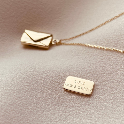 By Leahy, Fine Jewellery Graduation Gift Signature Envelope Necklace 9ct Gold, Love Mum & Dad xx