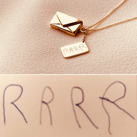 By Leahy Signature Envelope Necklace 9ct Gold Bespoke Engraving Husband and Children's Signatures RRRR
