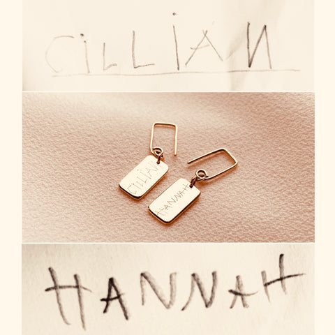 By Leahy Slip Shortie Drop Earrings 9ct Gold Bespoke Engraving Children's Signatures Cillian Hannah