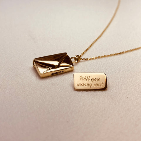 Signature Envelope Necklace, 9ct Gold, Will you marry me? By Leahy Fine Jewellery