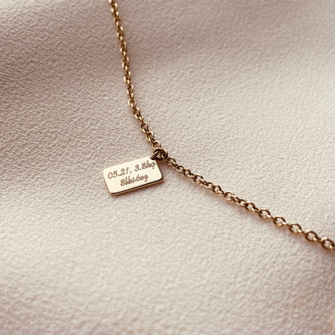 Story Necklace 9ct Gold Baby's time of birth, baby's birth weight engraved By Leahy Fine Jewellery