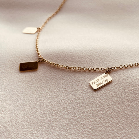 Story Necklace 9ct Gold Three Slips, Baby's time of birth, and birth weight husband's love note By Leahy Fine Jewellery