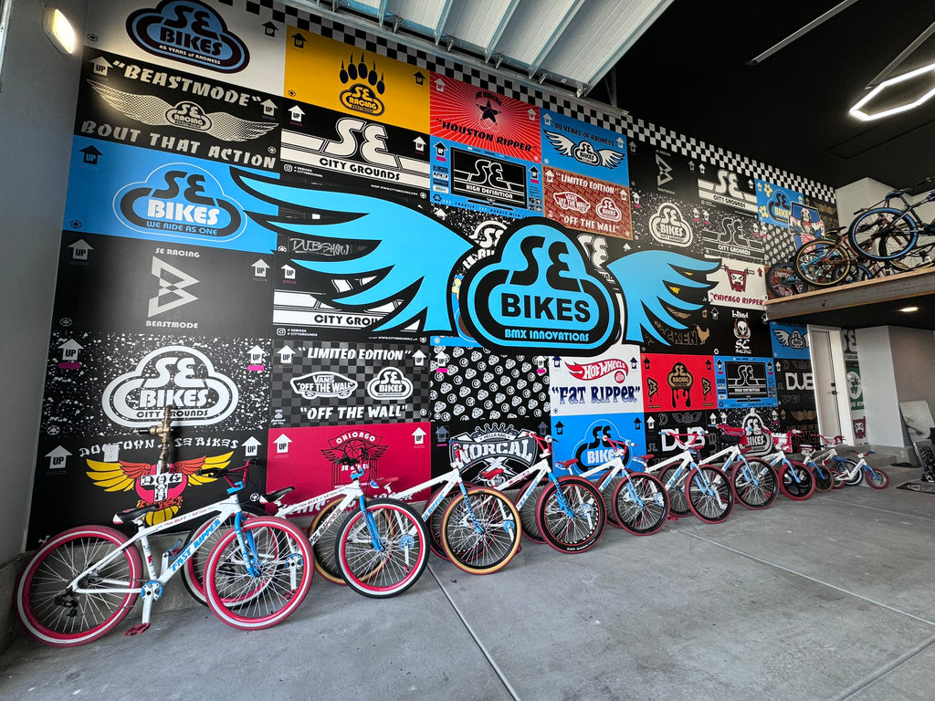 SE Bikes bike box artwork on garage wall