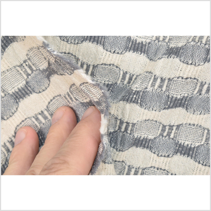 Gray and neutral unbleached off-white 100% cotton crepe fabric, circle and stripe woven pattern, per yard PHA84
