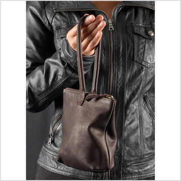 Small Leather Handbag Soft Gray Leather Purse Woman's Mini Cell Phone Bag Pocket Zipper Top Cotton Lining Dark Grey Leather Clutch Wallet