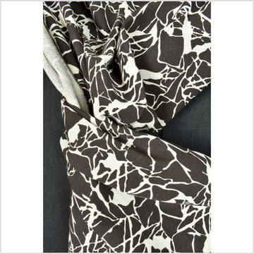 Warm black white print cotton fabric, abstract leaf screen print