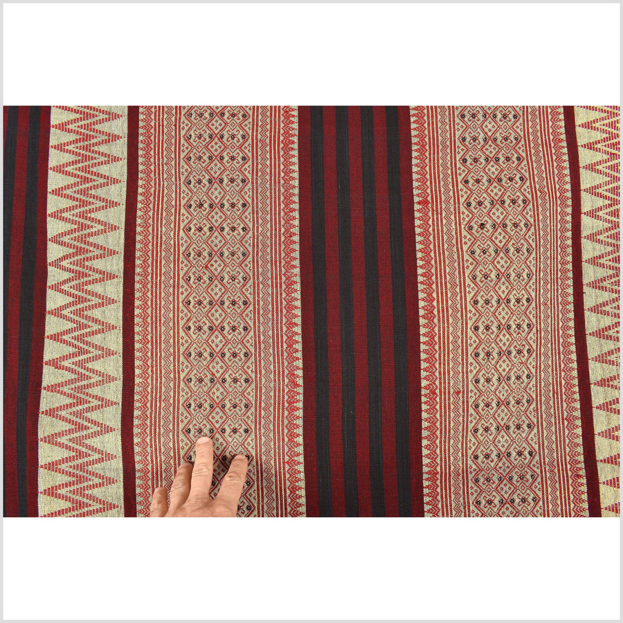 Tribal home decor, tan black burgundy red, ethnic Naga blanket, handwoven cotton throw, boho tapestry, Christmas textile runner PO46