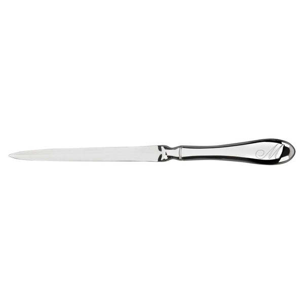 Shiny silver letter opener featuring a sleek rounded handle engraved with an "M" at the end. 