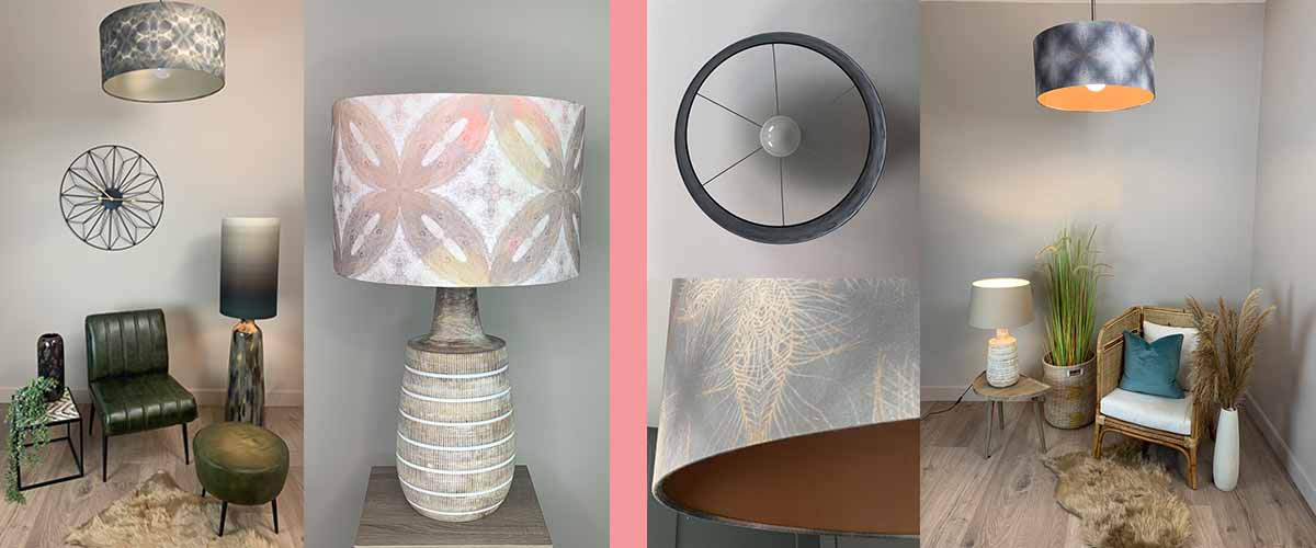 Julia Clare linen fabrics on an array of handmade lampshades