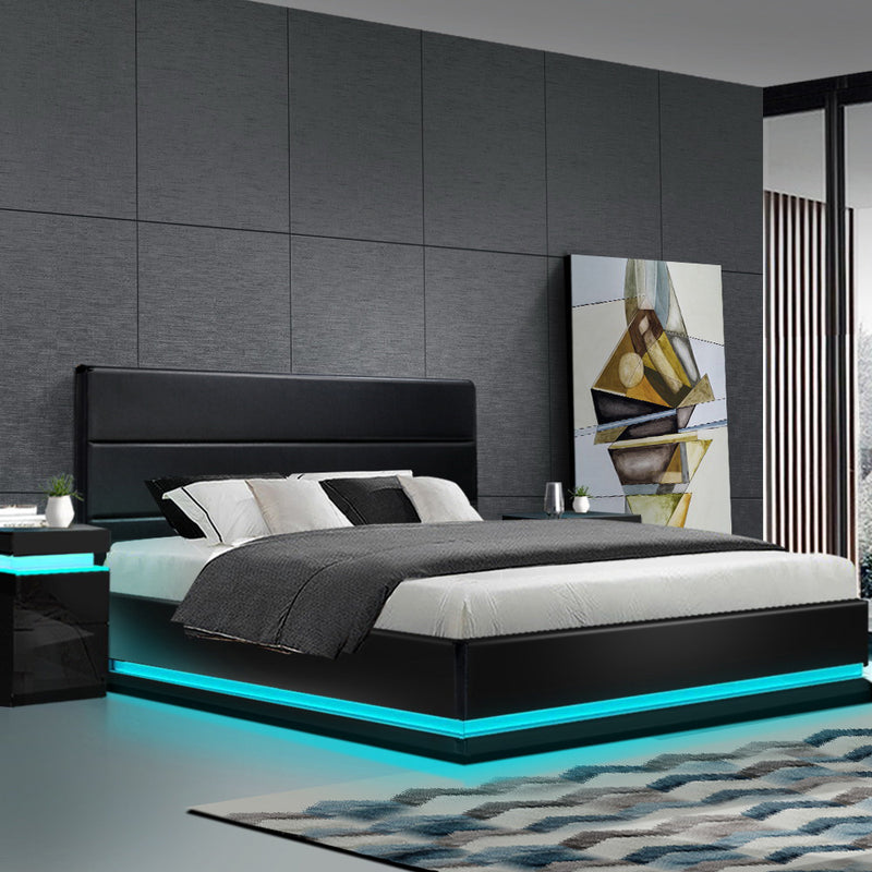 Artiss LUMI King Size LED Bed Frame - Black PU Leather – Factory Direct Oz