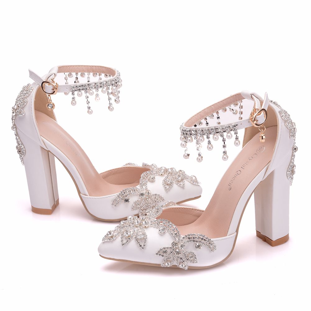 Women's White Crystal Square Heel Pumps | BlingFeed™