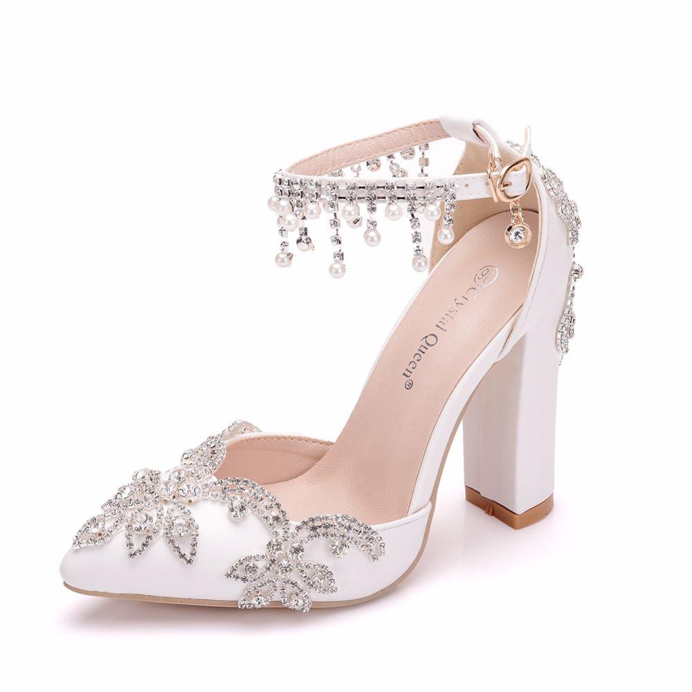 Women's White Crystal Square Heel Pumps | BlingFeed™