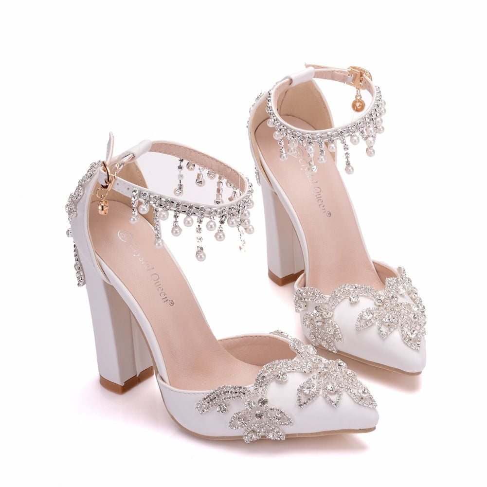 Women's White Crystal Square Heel Pumps | BlingFeed™