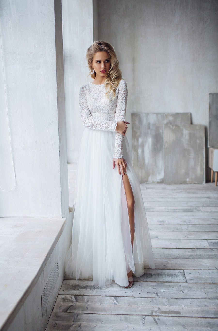 A R W E N lace crop top and tulle skirt with slit, bridal separates ...