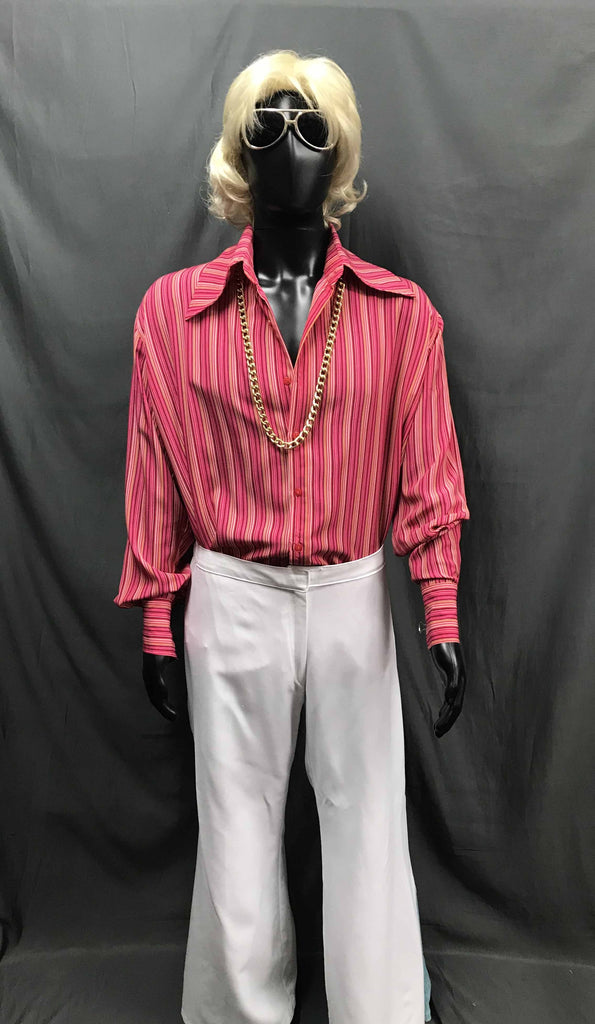 Mens Disco Costume - Red Stripe Shirt with White Flares - Hire