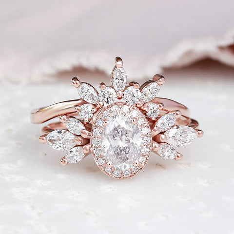 OVAL DIAMOND 1.40CT UNIQUE ENGAGEMENT TWO RINGS SET, ATHENA & HER CROWN