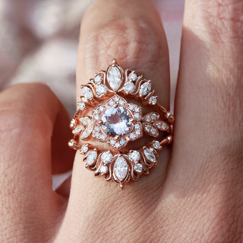 Lily Flower morganite and diamonds engagement ring paired with two illuminati flames diamond nesting rings 