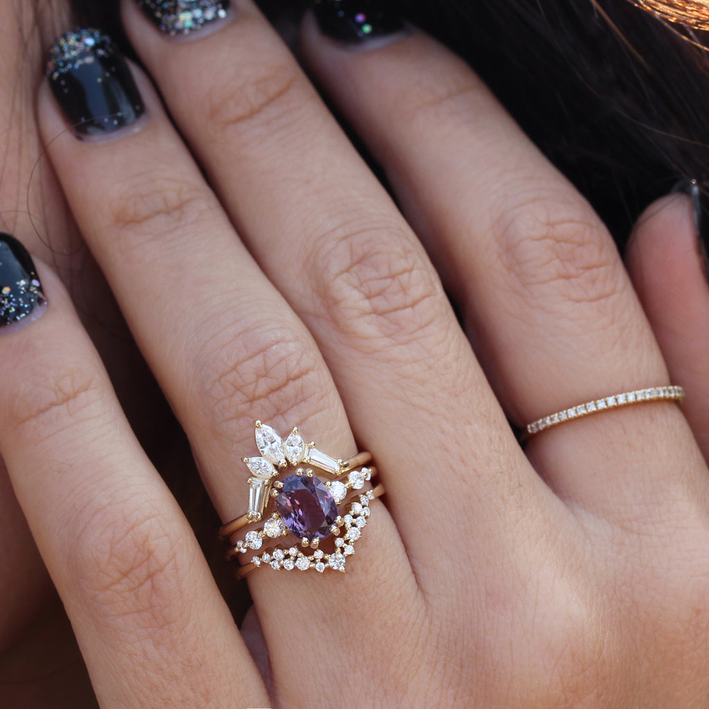 Purple Spinel & Diamonds Engagement Rings set, Candy pop + Artemis