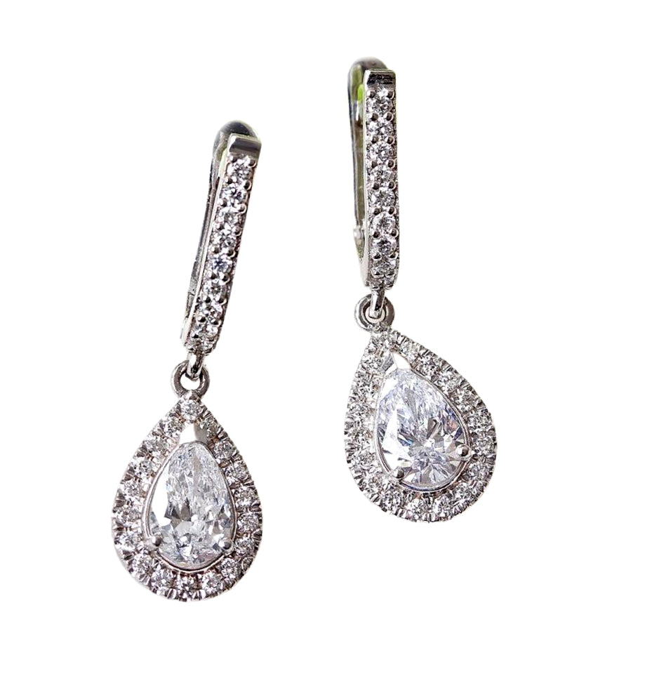 Huggie earrings pear diamond halo drop | sillyshinydiamonds