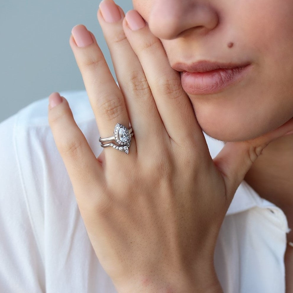 Upside-Down .75 Carat Pear Shaped Real Diamond Chevron Wedding Ring Set in  10k Rose Gold 