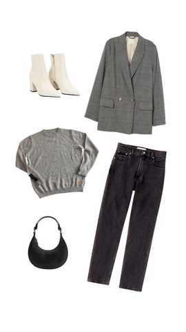 An outfit consisting of a light gray alpaca crew neck sweater, a long light gray plaid dressy jacket, black jeans, a black shoulder bag, and white heeled leather boots.