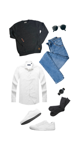 An outfit consisting of a dark gray alpaca crew neck sweater, light blue jeans, a white button up shirt, black socks, a black watch, and black aviator sunglasses, with white sneakers.