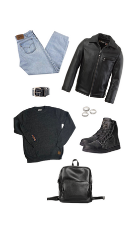 An outfit consisting of a dark gray alpaca crew neck sweater, light blue jeans, a black leather jacket, bag, belt, and boots, and silver rings.