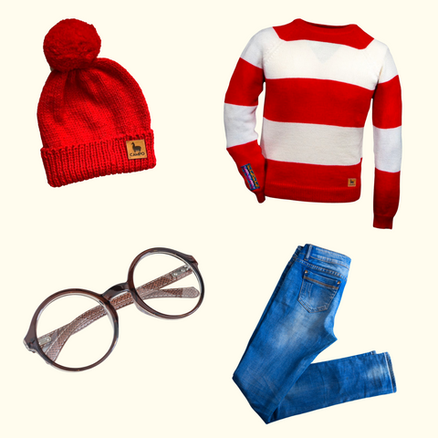 Where's Waldo Costume with Campo Striped Crew and Red Beanie