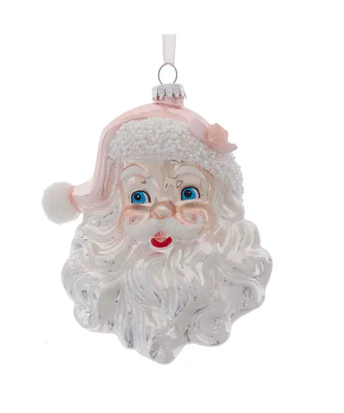 5.9"GLASS WHITE/PINK SANTA HEAD ORNAMENT