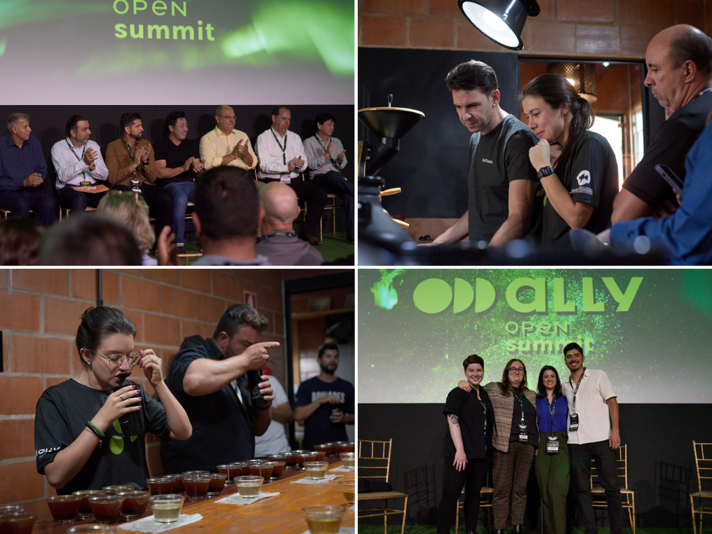 A collage of images from the Ally Open Summit - a group of men seated on stage, people at a coffee roaster, a woman cupping coffee, four panelists posing on stage after a presentation