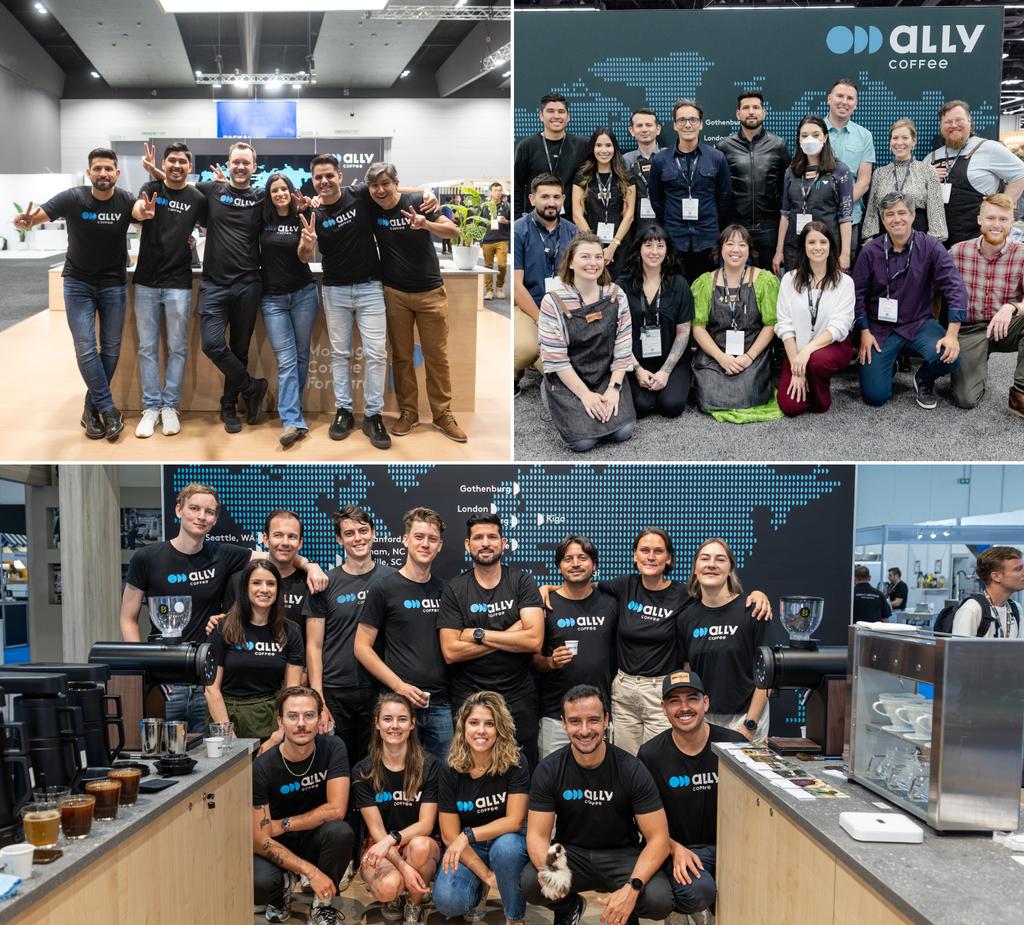 A collage of Ally Coffee team members at industry trade shows