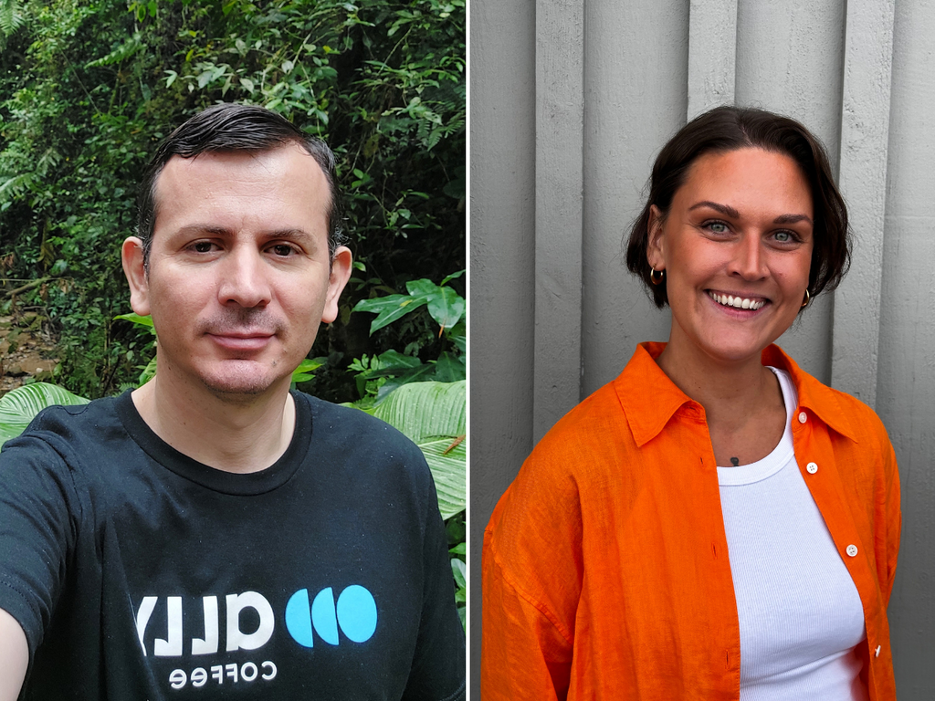 A man in an Ally Coffee t shirt, a woman with an orange button up and white shirt underneath