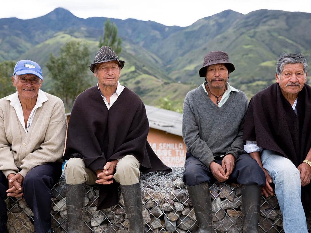 Four coffee producers seated for portrait on a ledge made of rocks and chainlink fencing