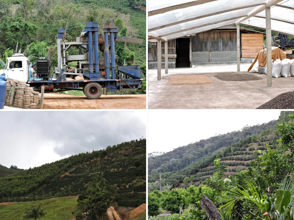 Delivering milling equipment, coffees being dried, rows of coffee trees planted in the mountains of Espirito Santo