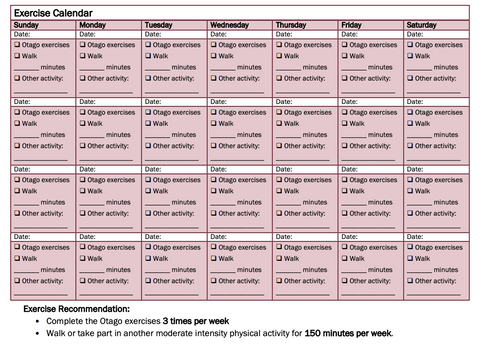 Fillable Otago Exercise Calendar