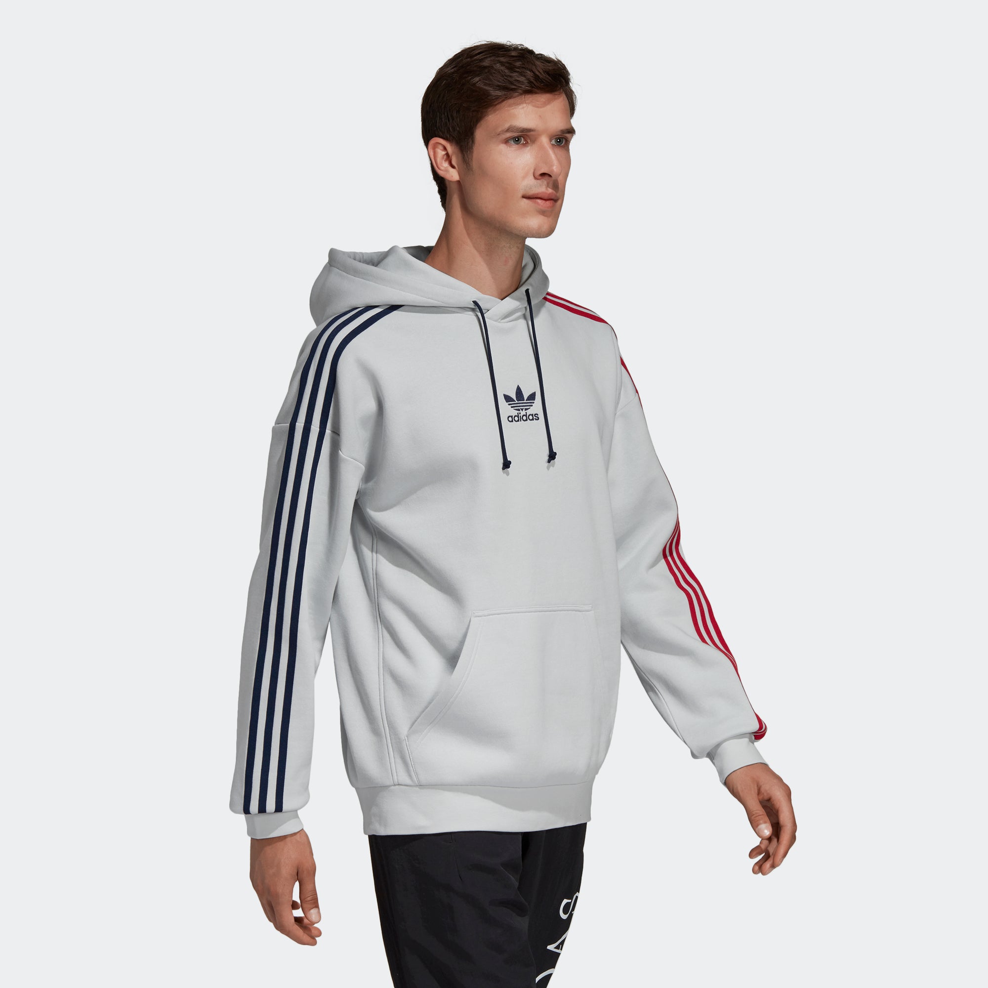 grey adidas hoodie with blue stripes