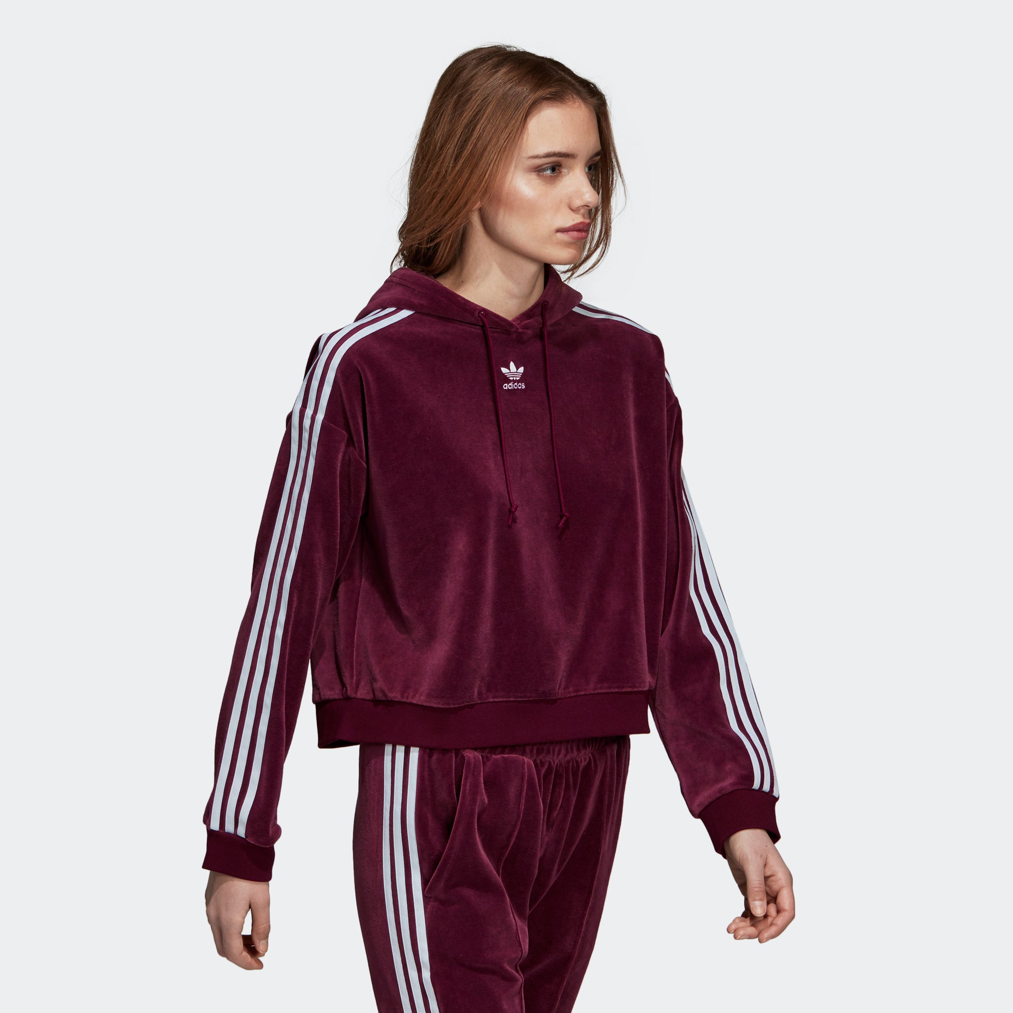 adidas originals maroon velour cropped hoodie