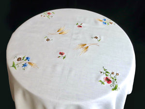 Poppies & Wheat Vintage French Beauvais Embroidered Tablecloth 44x46"