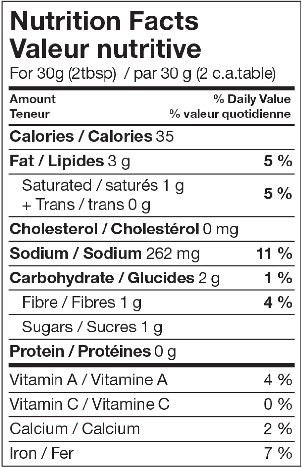 Nutritonal sheet for product