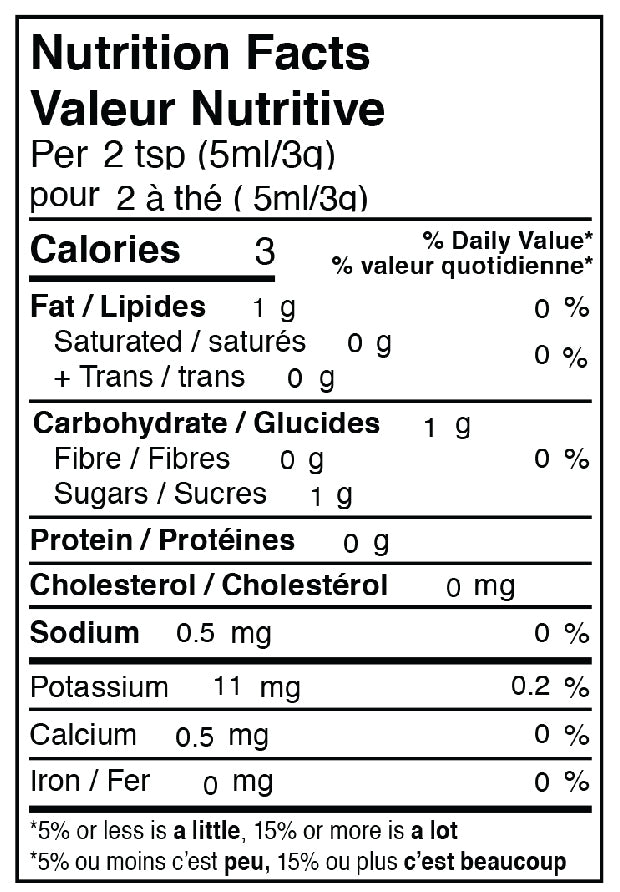 Nutritonal sheet for product