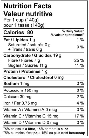 Nutritonal sheet for product