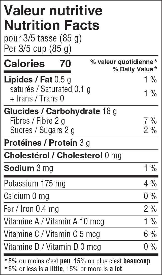 Nutritonal sheet for product