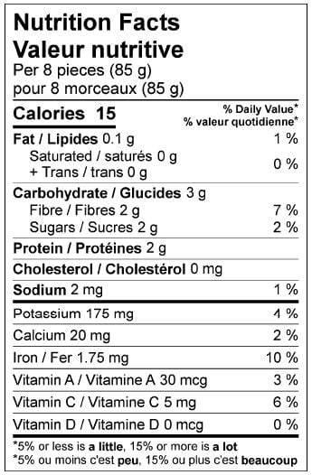 Nutritonal sheet for product