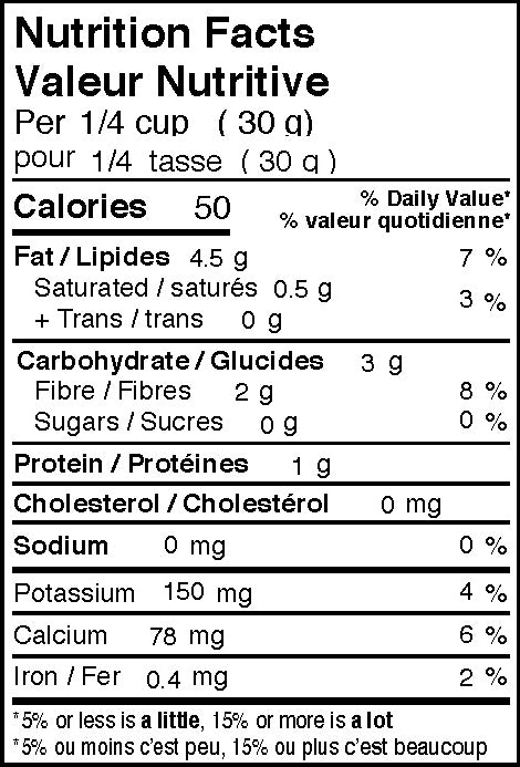 Nutritonal sheet for product